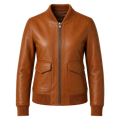 Women’s Cognac Brown Leather Bomber Jacket | Ribbed Collar Zip Flight Jacket