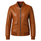 Women’s Cognac Brown Leather Bomber Jacket | Ribbed Collar Zip Flight Jacket