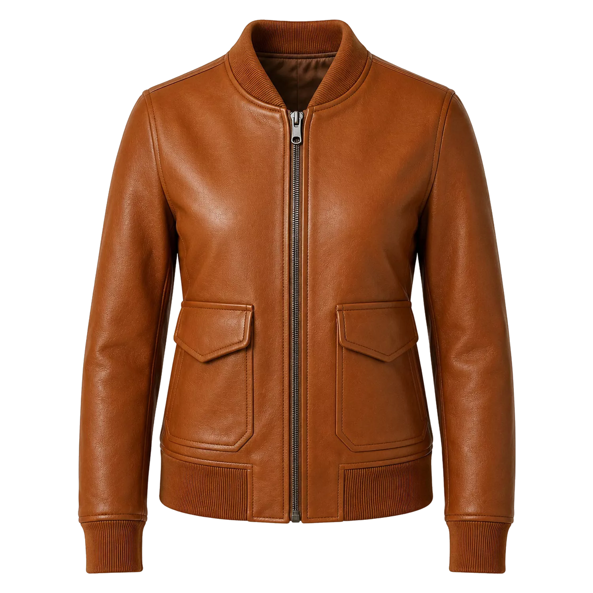 Women’s Cognac Brown Leather Bomber Jacket | Ribbed Collar Zip Flight Jacket