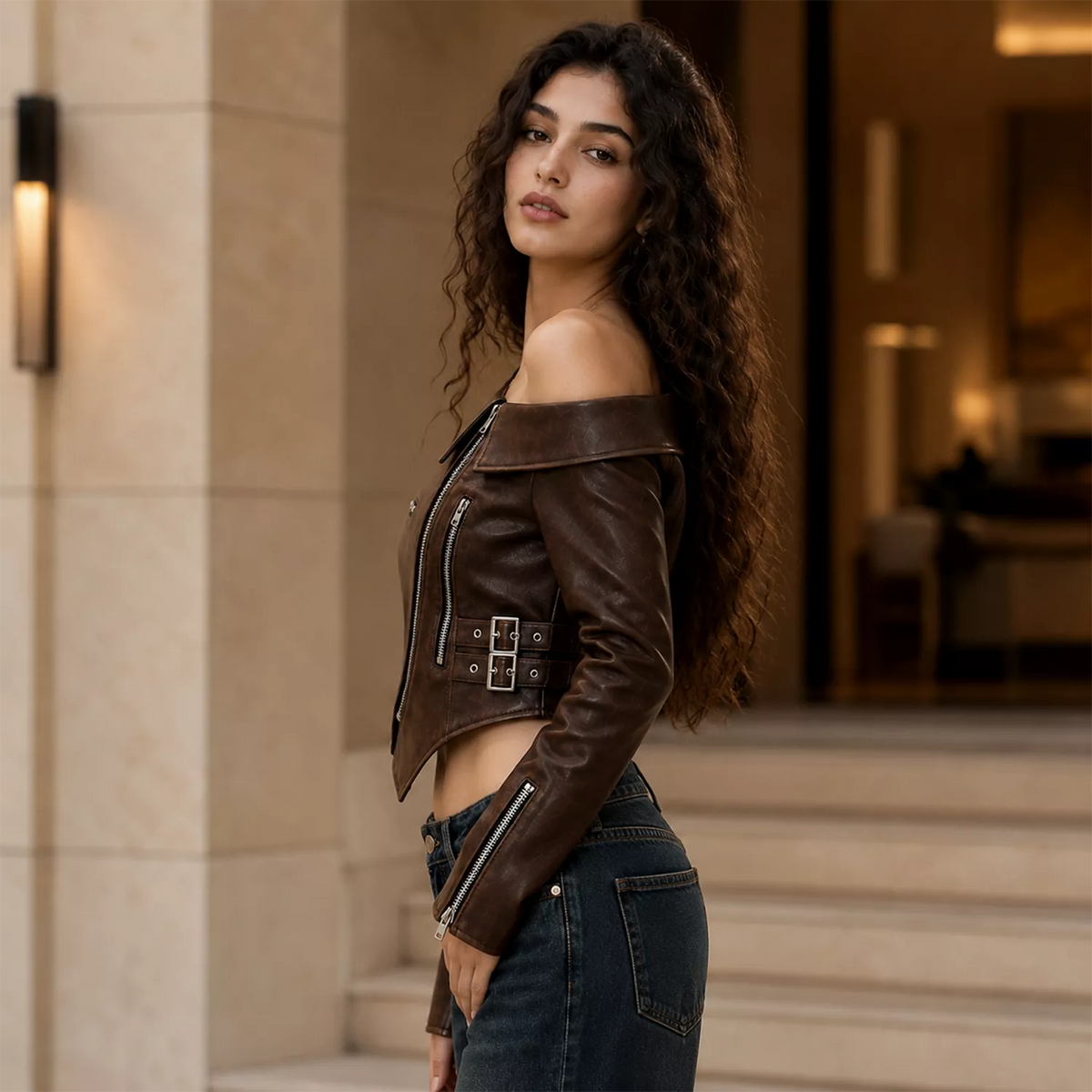 Women’s Dark Brown Cropped Leather Jacket | Asymmetric Biker Jacket