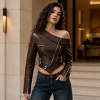 Women’s Dark Brown Cropped Leather Jacket | Asymmetric Biker Jacket