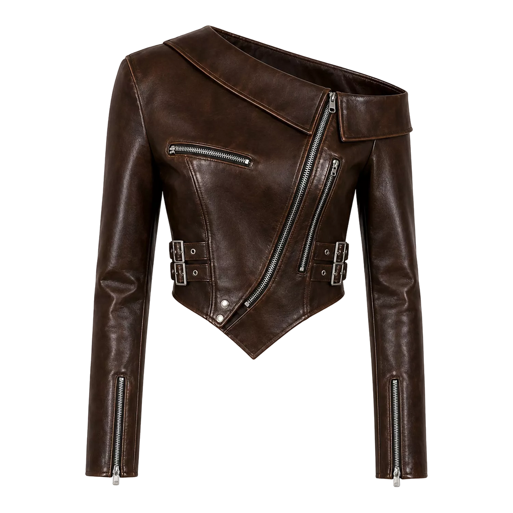 Women’s Dark Brown Cropped Leather Jacket | Asymmetric Biker Jacket
