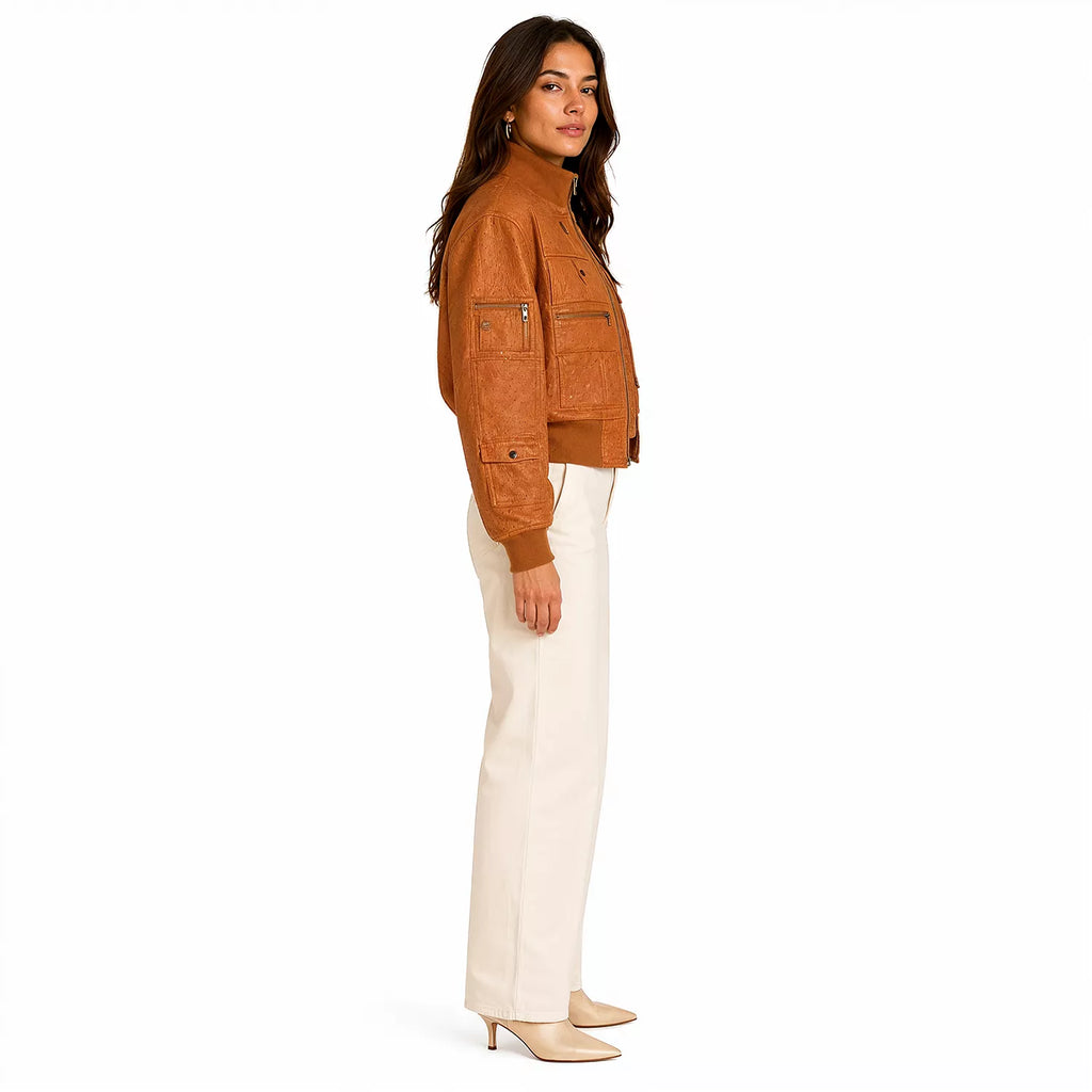 Women’s Tan Ostrich Texture Cropped Leather Bomber Jacket