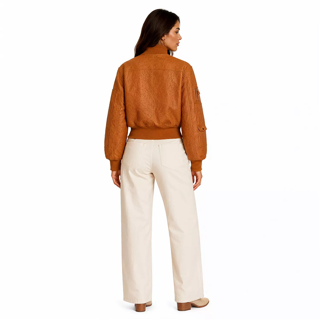 Women’s Tan Ostrich Texture Cropped Leather Bomber Jacket