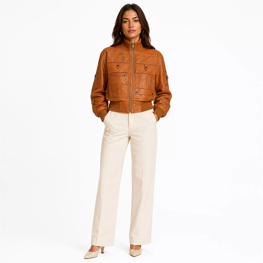 Women’s Tan Ostrich Texture Cropped Leather Bomber Jacket