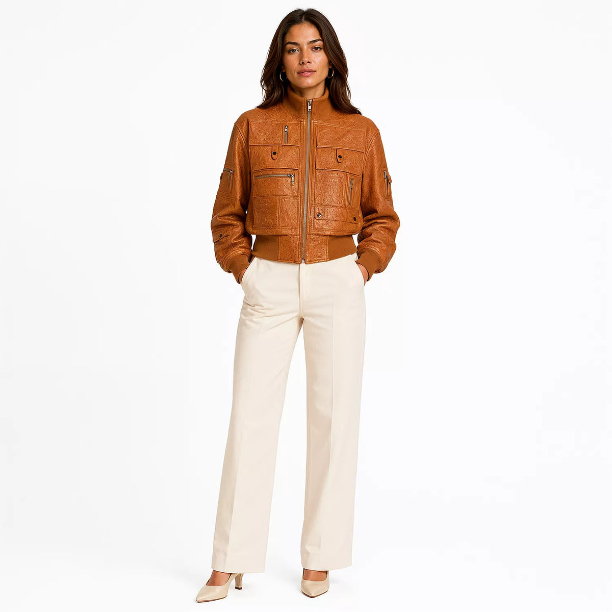 Women’s Tan Ostrich Texture Cropped Leather Bomber Jacket