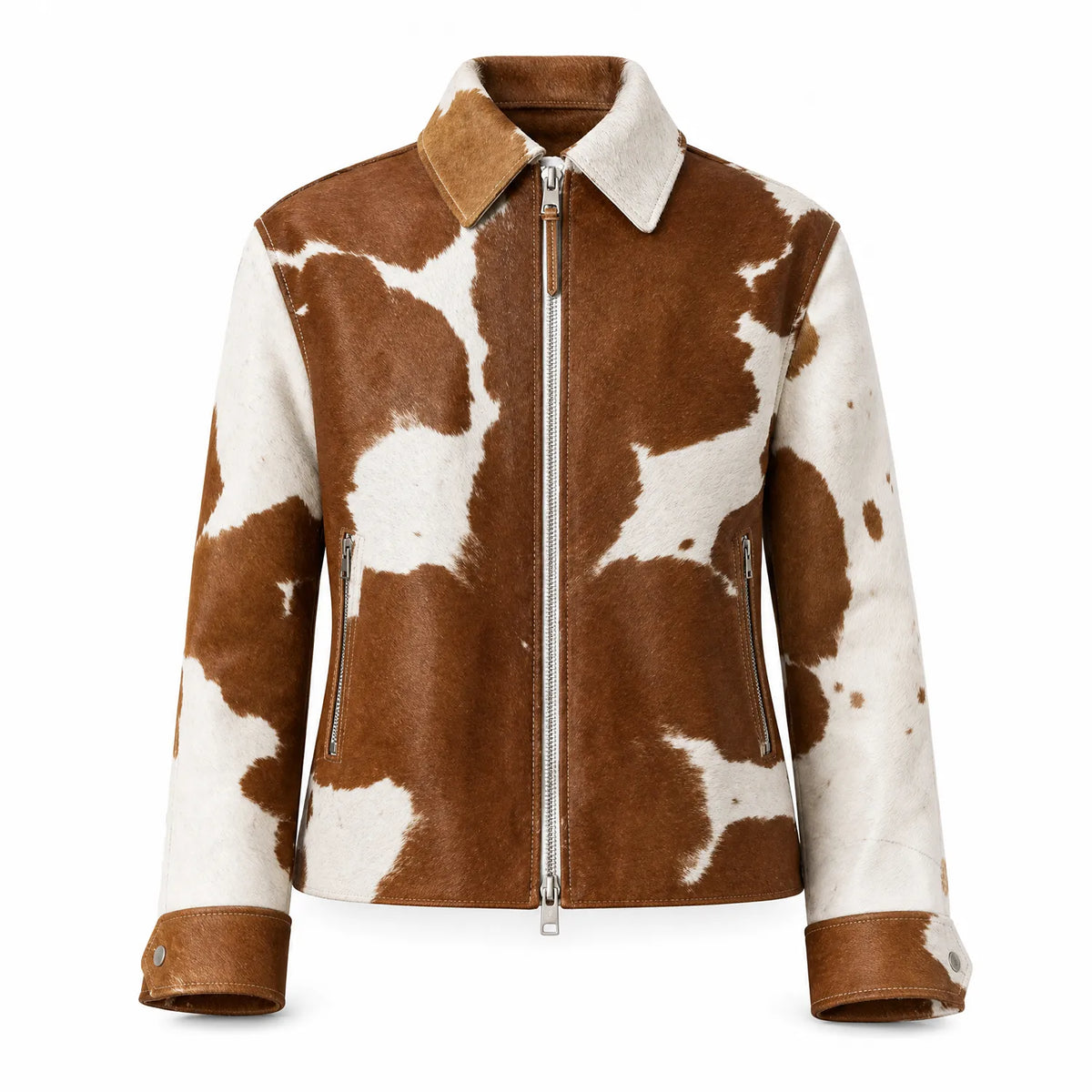 Women’s Brown & White Hair-On Cowhide Leather | Garrison Style Western Zip Jacket
