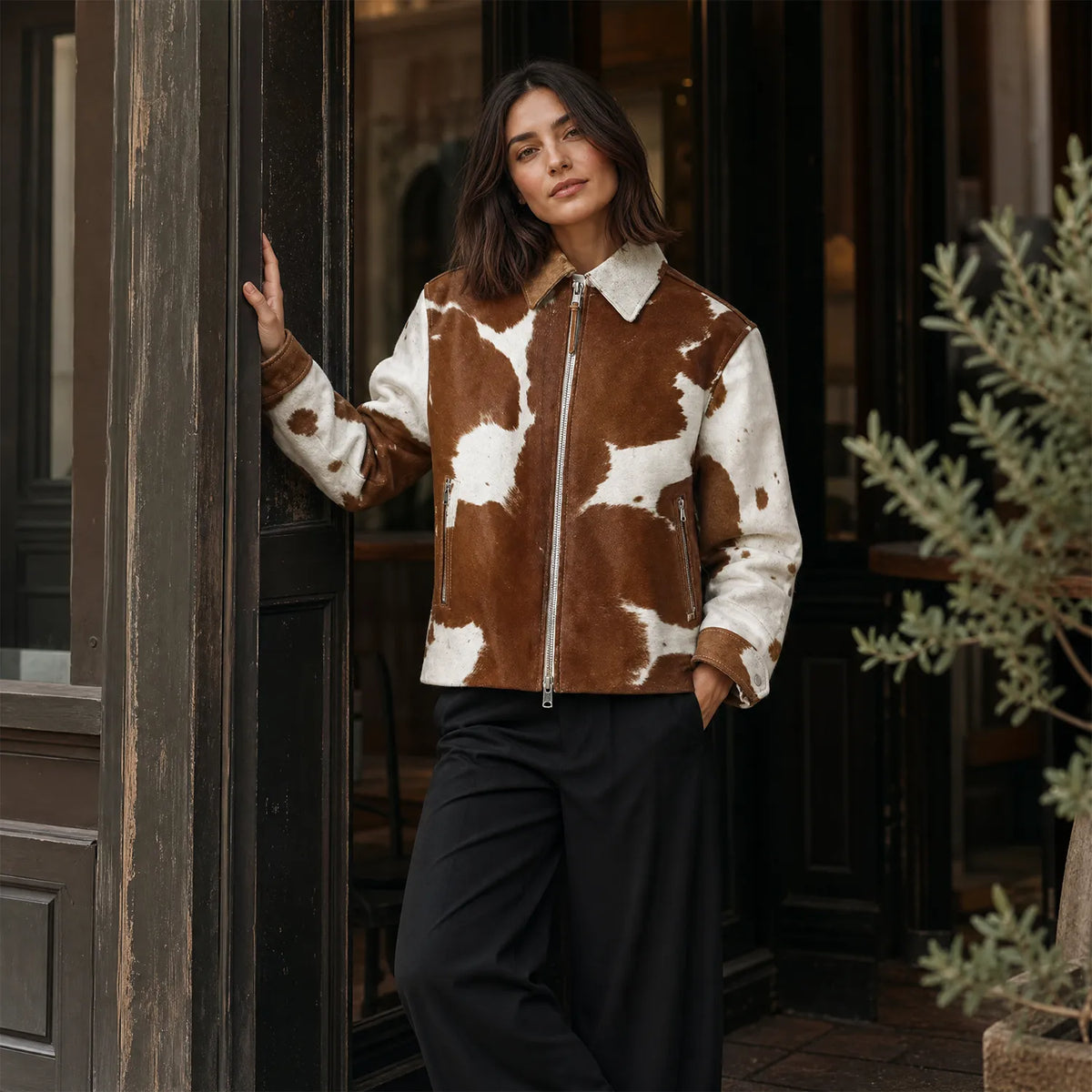 Women’s Brown & White Hair-On Cowhide Leather | Garrison Style Western Zip Jacket