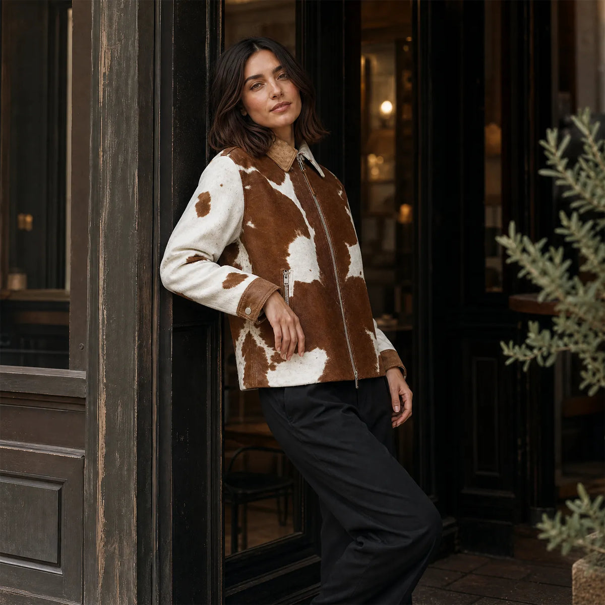 Women’s Brown & White Hair-On Cowhide Leather | Garrison Style Western Zip Jacket