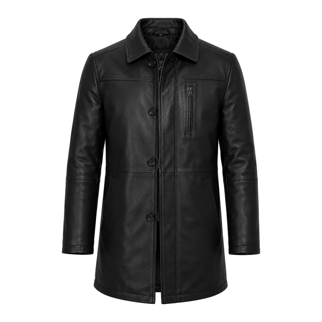 Men’s Black Leather Workwear Coat | Classic Zip & Button Front Utility Jacket
