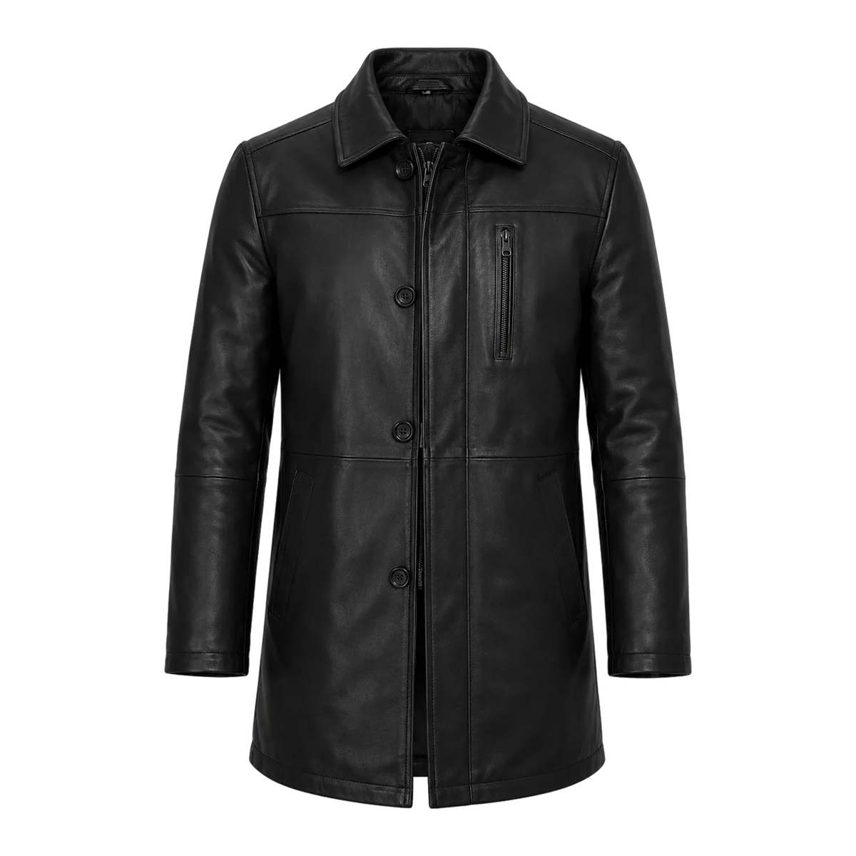 Men’s Black Leather Workwear Coat | Classic Zip & Button Front Utility Jacket