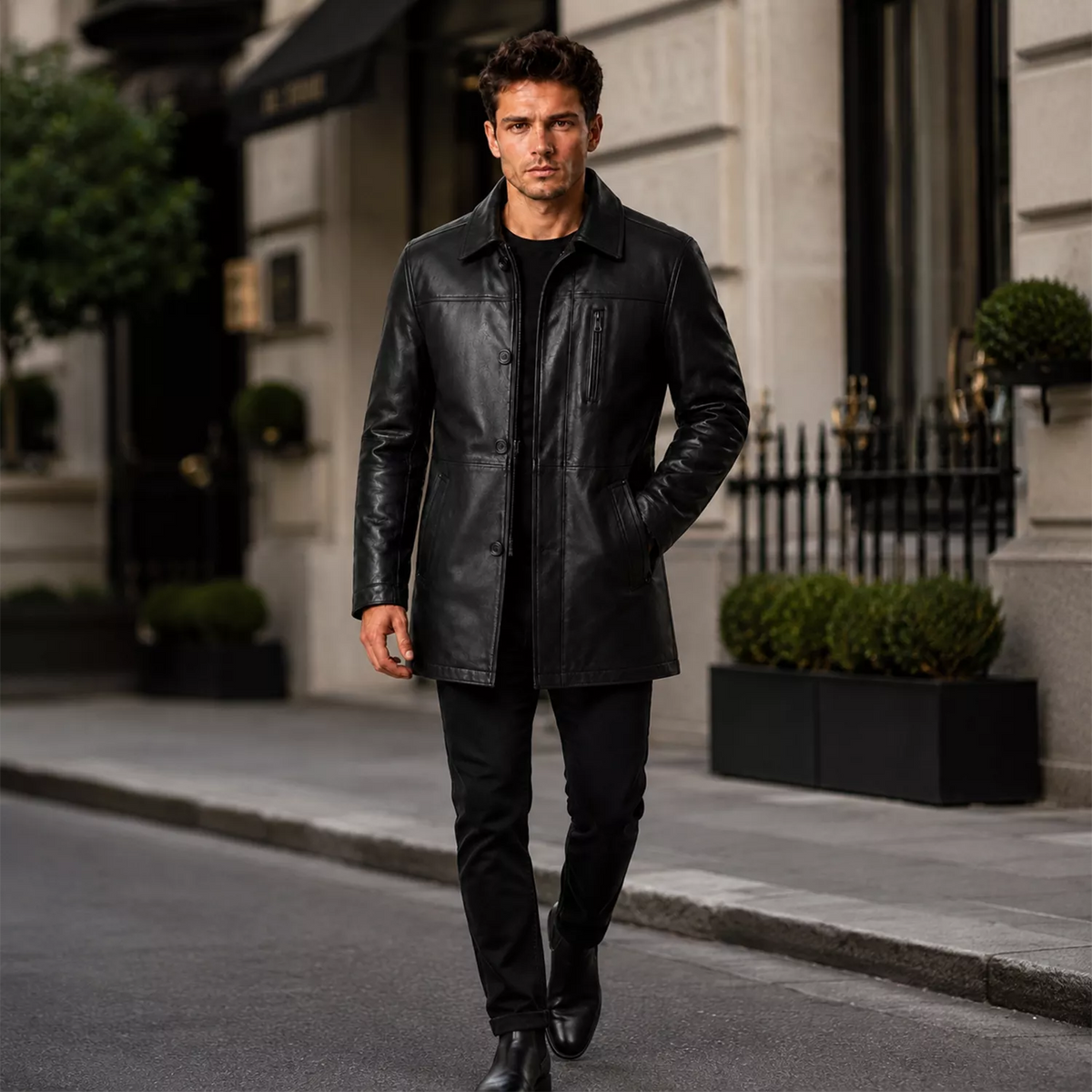 Men’s Black Leather Workwear Coat | Classic Zip & Button Front Utility Jacket