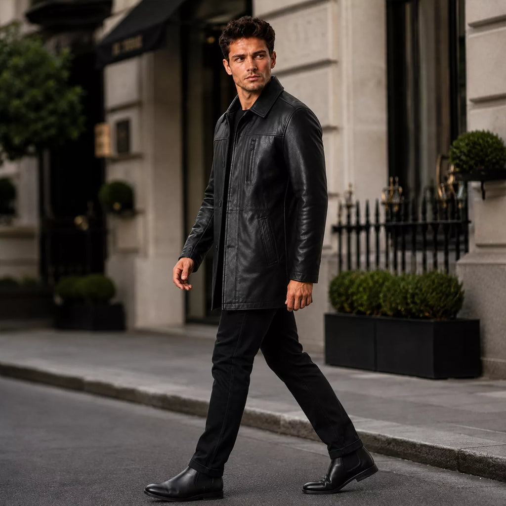Men’s Black Leather Workwear Coat | Classic Zip & Button Front Utility Jacket