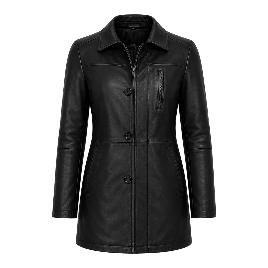 Women’s Black Leather Workwear Coat | Zip & Button Front Utility Jacket