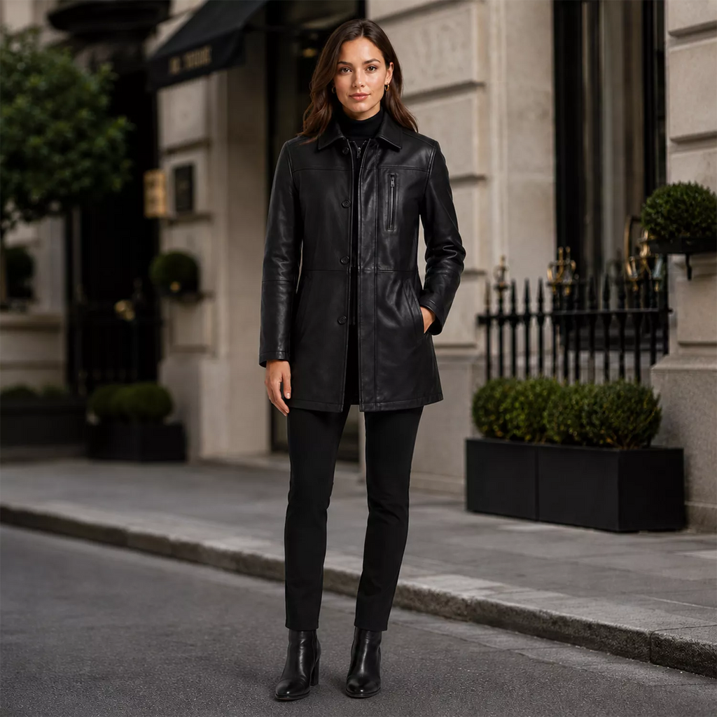 Women’s Black Leather Workwear Coat | Zip & Button Front Utility Jacket