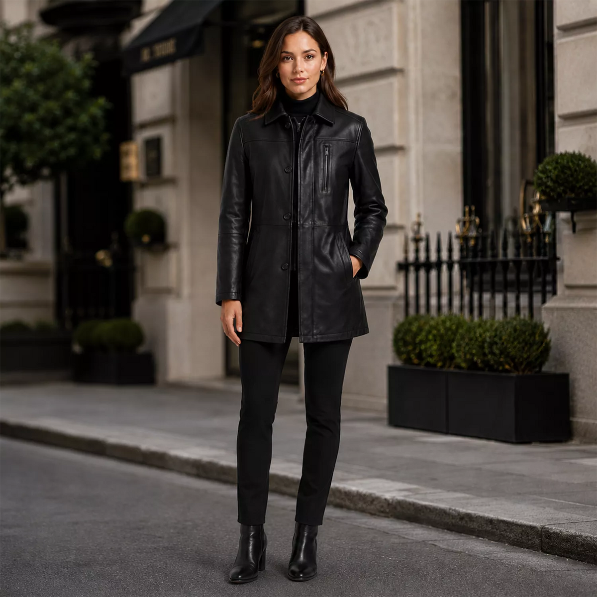 Women’s Black Leather Workwear Coat | Zip & Button Front Utility Jacket