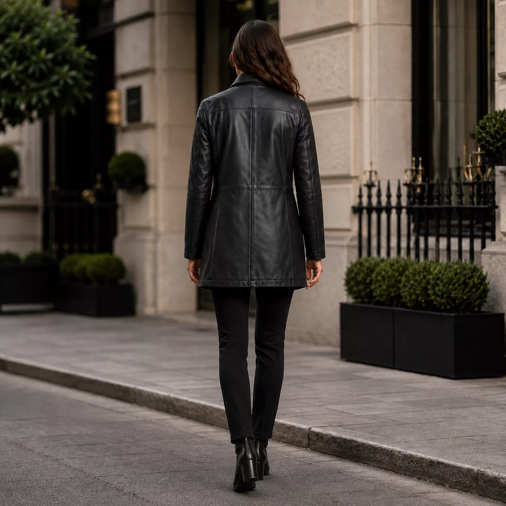 Women’s Black Leather Workwear Coat | Zip & Button Front Utility Jacket