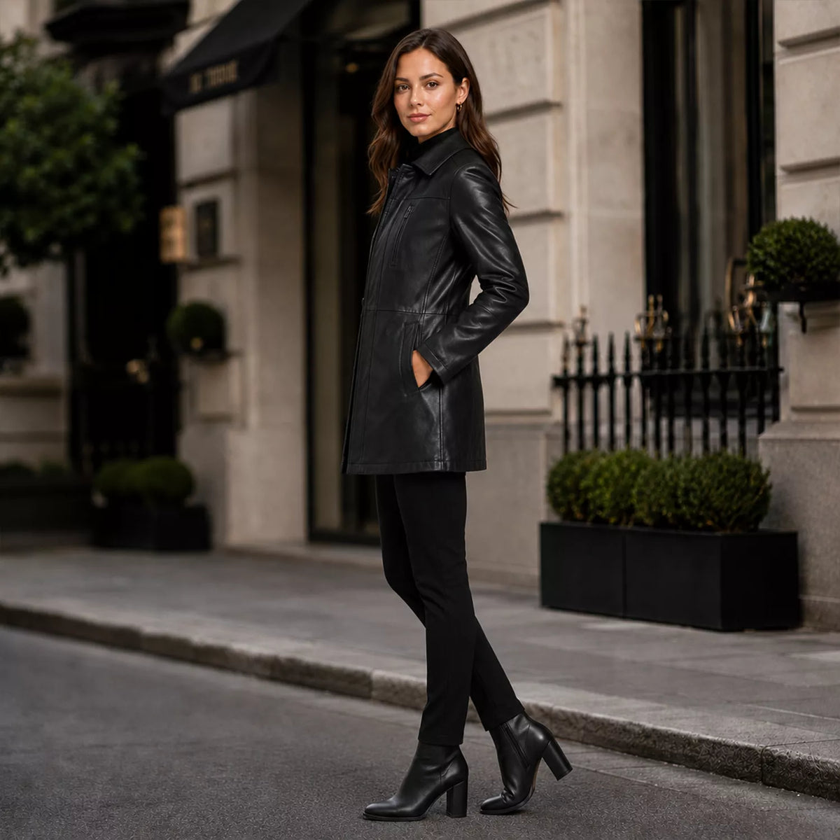 Women’s Black Leather Workwear Coat | Zip & Button Front Utility Jacket